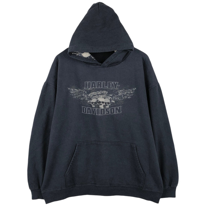 Harley-Davidson Skull Pattern Skull Wing Advertising Sweatshirt Pullover Hoodie (Men's Size L) cotton black type Vintage Second Hand