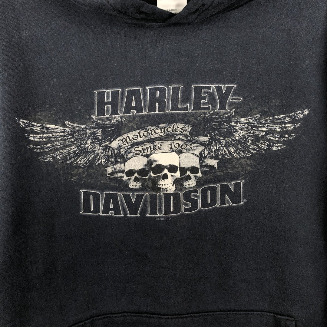 Harley-Davidson Skull Pattern Skull Wing Advertising Sweatshirt Pullover Hoodie (Men's Size L) cotton black type Vintage Second Hand