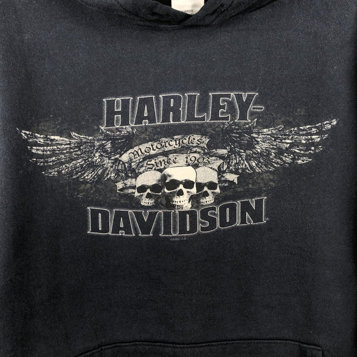 Harley-Davidson Skull Pattern Skull Wing Advertising Sweatshirt Pullover Hoodie (Men's Size L) cotton black type Vintage Second Hand