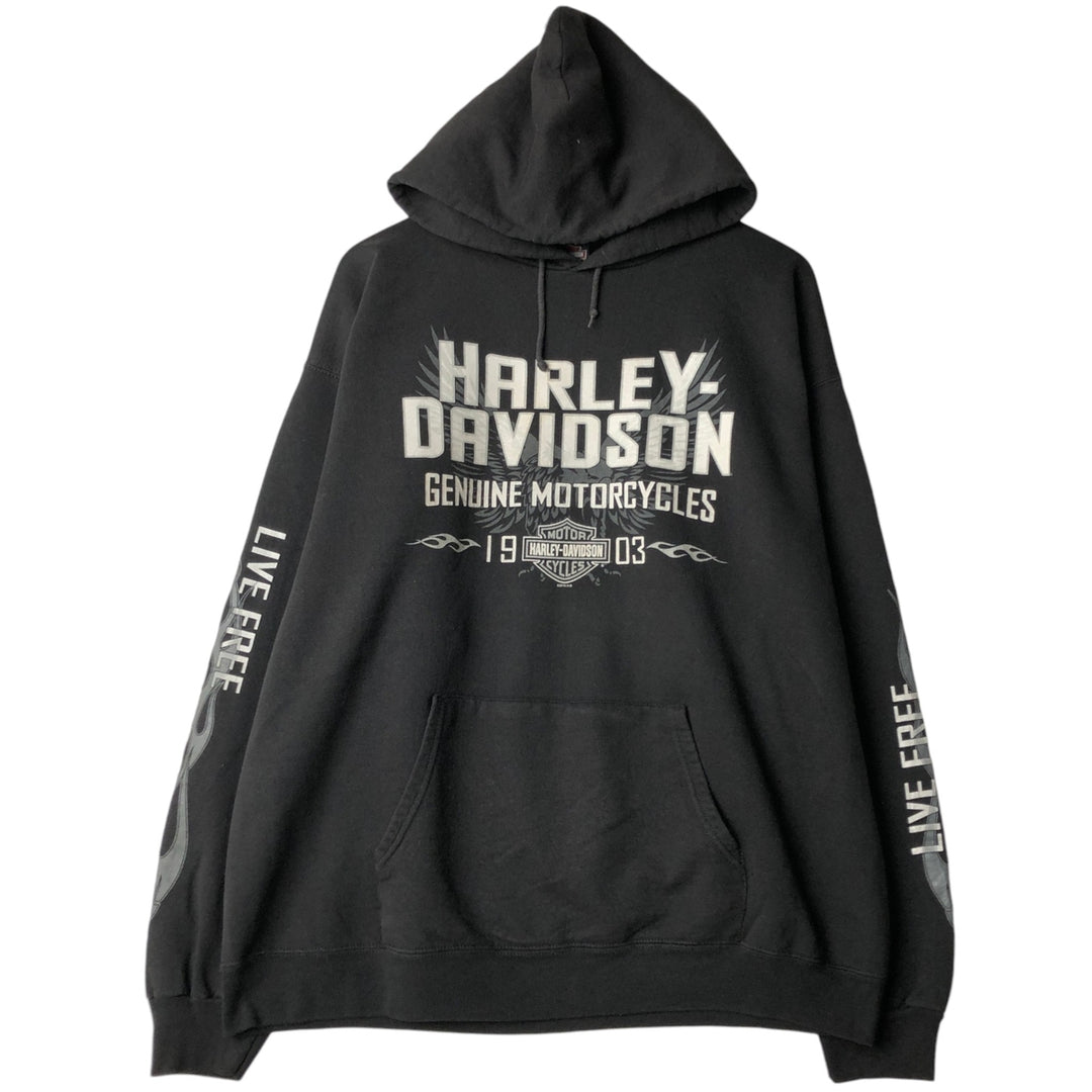 Harley-Davidson Eagle Pattern Fire Pattern Advertising Sweatshirt Pullover Hoodie, Men's Size XL (approx.) cotton black type Vintage Second Hand