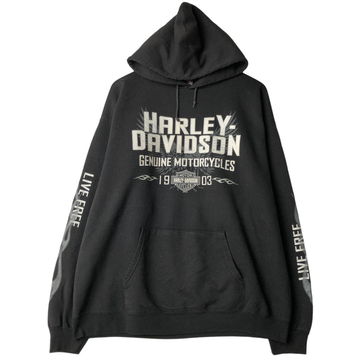 Harley-Davidson Eagle Pattern Fire Pattern Advertising Sweatshirt Pullover Hoodie, Men's Size XL (approx.) cotton black type Vintage Second Hand