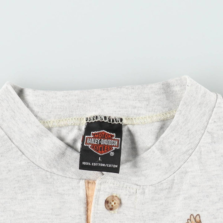 90'S Harley-Davidson Eagle Pattern Henley Neck Motorcycle T-Shirt, Made in USA, Men's Size L (approx.) cotton gray type Vintage Second Hand