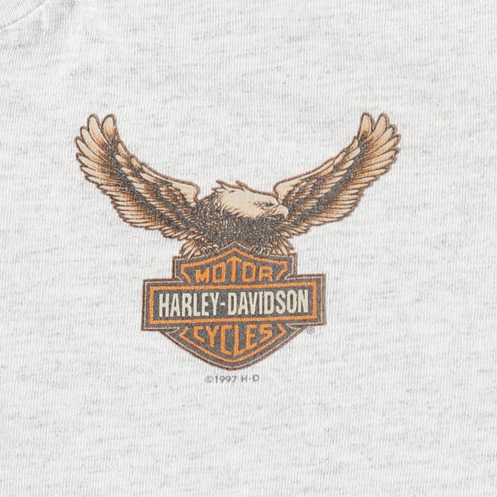 90'S Harley-Davidson Eagle Pattern Henley Neck Motorcycle T-Shirt, Made in USA, Men's Size L (approx.) cotton gray type Vintage Second Hand