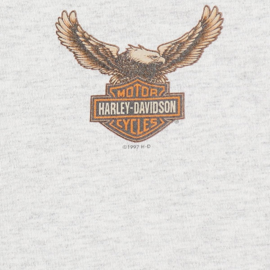90'S Harley-Davidson Eagle Pattern Henley Neck Motorcycle T-Shirt, Made in USA, Men's Size L (approx.) cotton gray type Vintage Second Hand