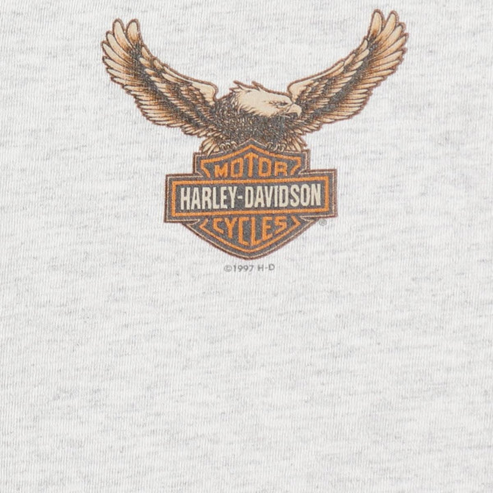 90'S Harley-Davidson Eagle Pattern Henley Neck Motorcycle T-Shirt, Made in USA, Men's Size L (approx.) cotton gray type Vintage Second Hand