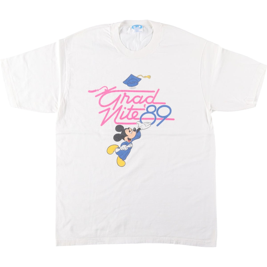 80'S Disney MICKEY MOUSE character print T-shirt, Made in USA, Men's size L equivalent, Vintage cotton white type Vintage Second Hand