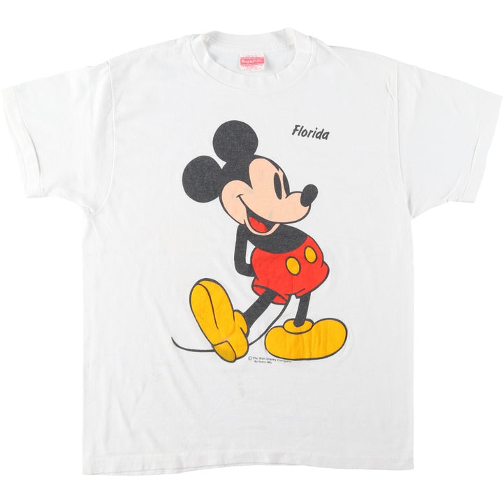 90'S Royal First Class Mickey Mouse Character Print T-Shirt, Made in USA, Men's Size L (Equivalent), Vintage cotton white type Vintage Second Hand