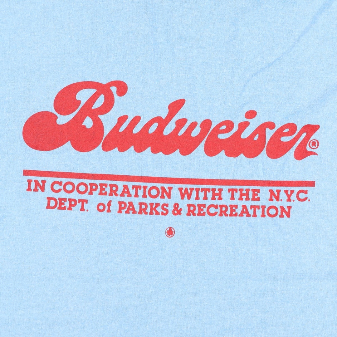 80'S SELEC-T BUDWEISER Advertising T-Shirt, Made in USA, Men's Size L (Equivalent), Vintage polyester Blue type light blue Vintage Second Hand
