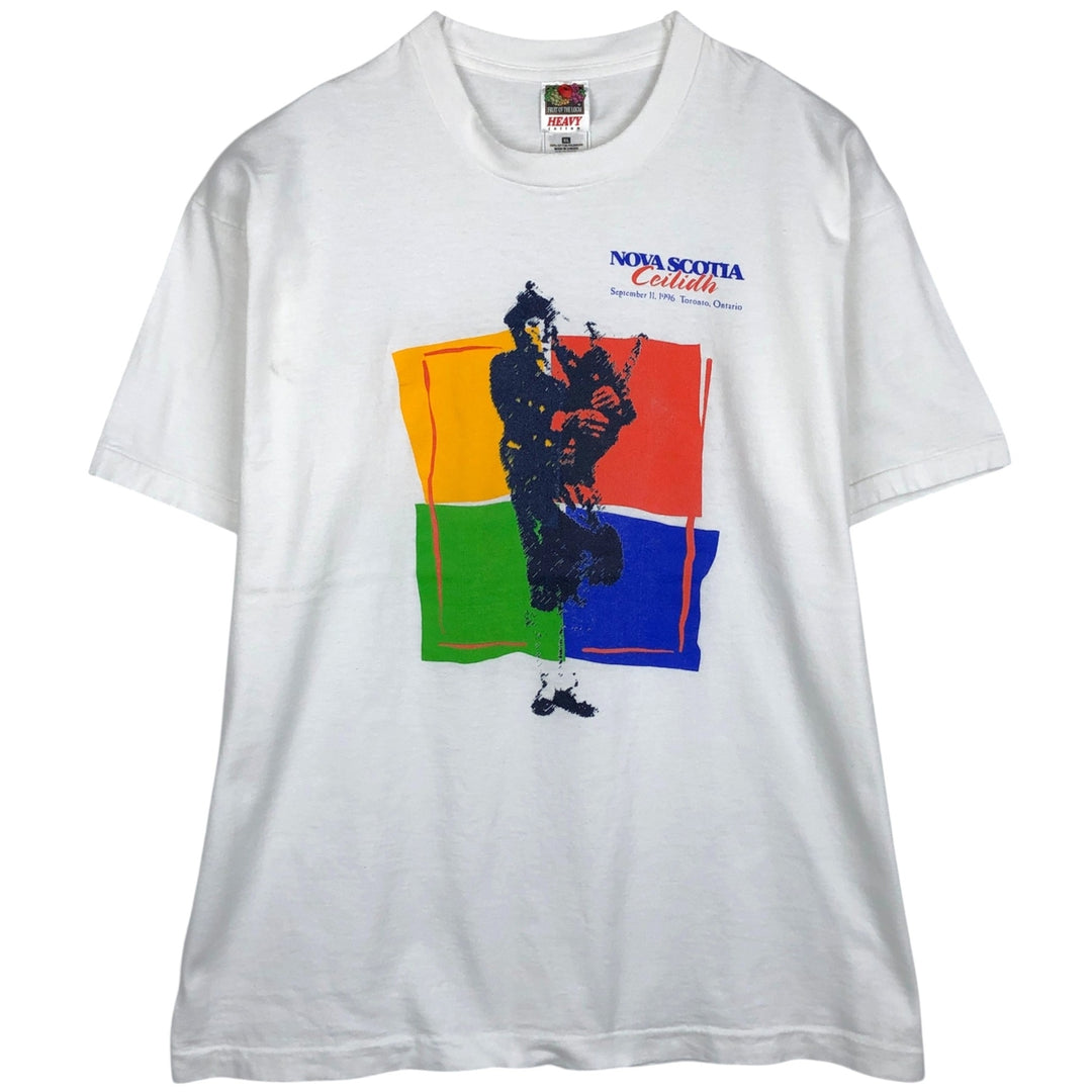 90'S Fruit of the Loom Heavy Cotton Print T-Shirt, Made in Canada, Men's XL equivalent, Vintage cotton white type Vintage Second Hand
