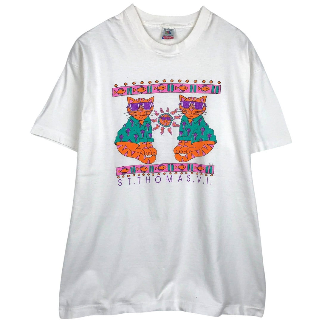 90'S Fruit of the Loom Animal Pattern Fish Print T-Shirt, Made in USA, Men's XL equivalent, Vintage cotton white type Vintage Second Hand