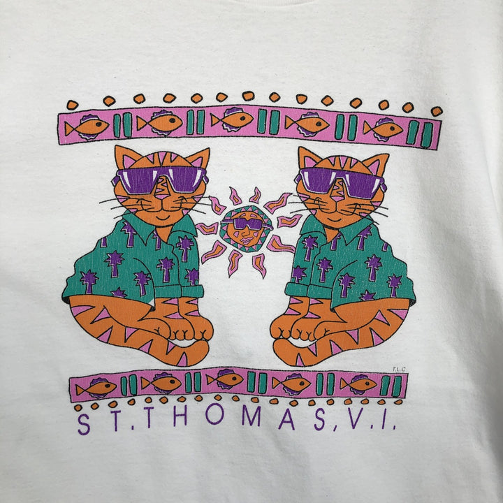 90'S Fruit of the Loom Animal Pattern Fish Print T-Shirt, Made in USA, Men's XL equivalent, Vintage cotton white type Vintage Second Hand