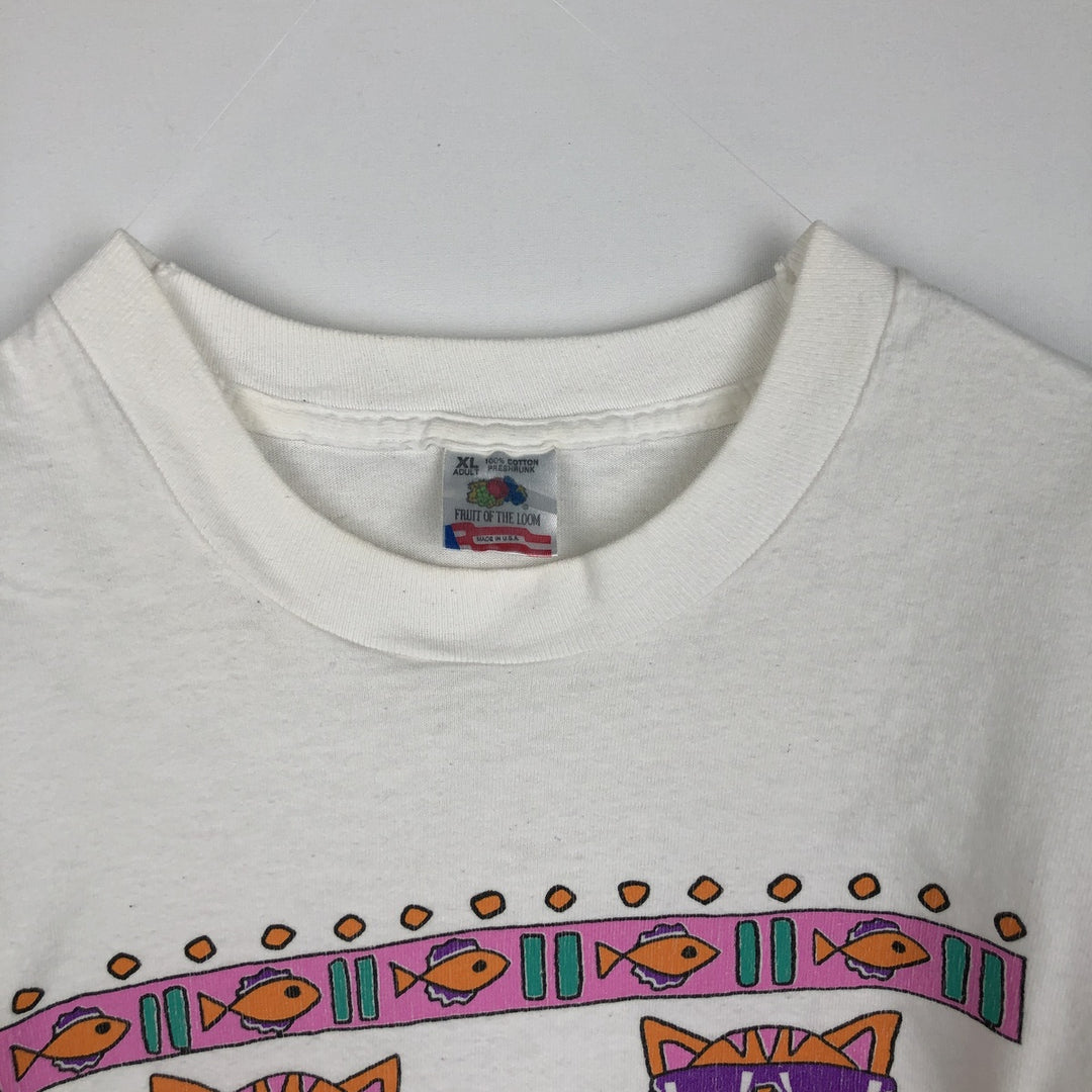 90'S Fruit of the Loom Animal Pattern Fish Print T-Shirt, Made in USA, Men's XL equivalent, Vintage cotton white type Vintage Second Hand