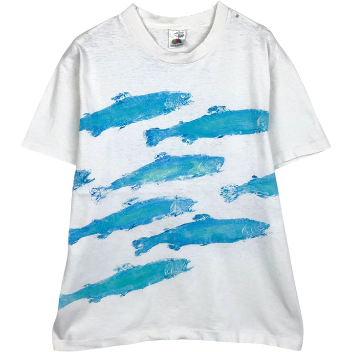 90'S Fruit of the Loom fish print t-shirt, made in Canada, men's size L equivalent, vintage. cotton white type Vintage Second Hand