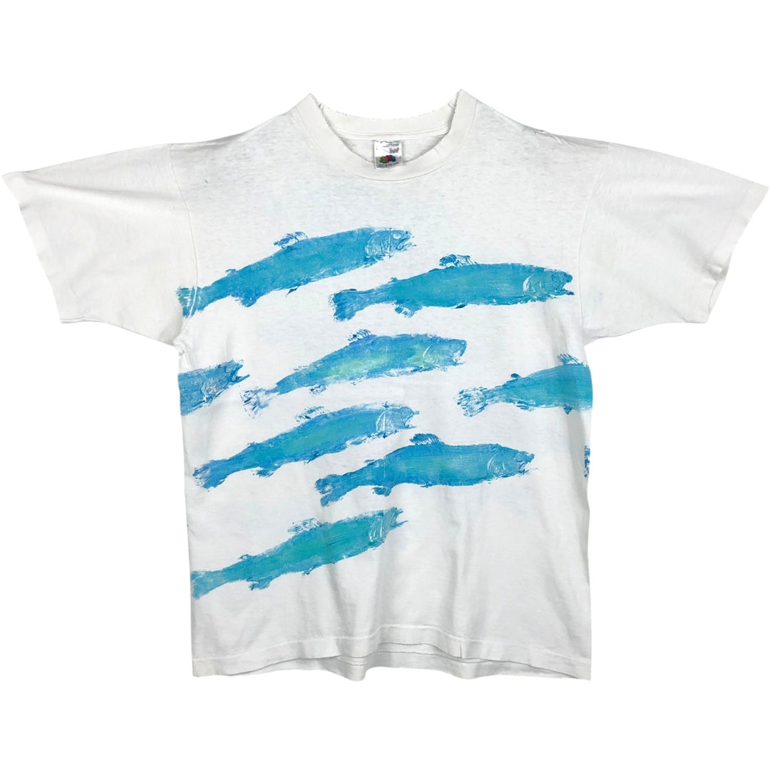 90'S Fruit of the Loom fish print t-shirt, made in Canada, men's size L equivalent, vintage. cotton white type Vintage Second Hand