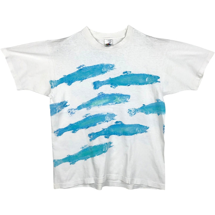 90'S Fruit of the Loom fish print t-shirt, made in Canada, men's size L equivalent, vintage. cotton white type Vintage Second Hand