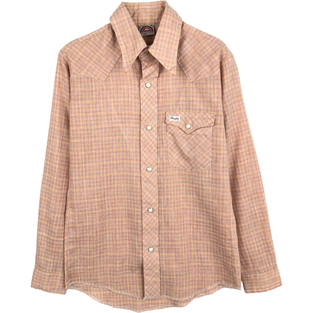 1970'S Wrangler Rainbow Tag Check Pattern Long-Sleeve Western Shirt, Made in USA, Women's Size S (Equivalent), Vintage polyester pink type Vintage Second Hand