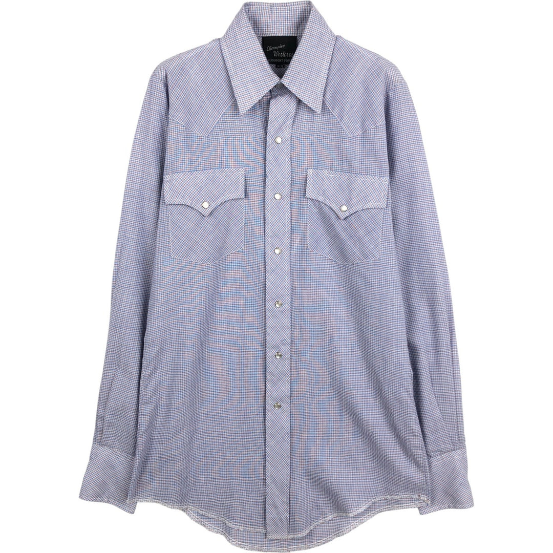 1970'S Champion Westerns Check Pattern Long-Sleeve Western Shirt, Women's Size S (Equivalent), Vintage polyester blue type Vintage Second Hand