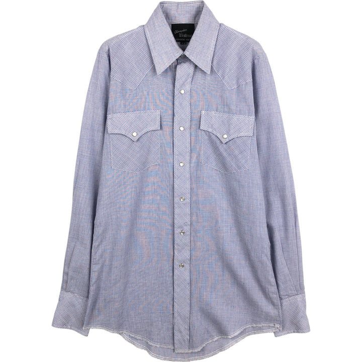 1970'S Champion Westerns Check Pattern Long-Sleeve Western Shirt, Women's Size S (Equivalent), Vintage polyester blue type Vintage Second Hand