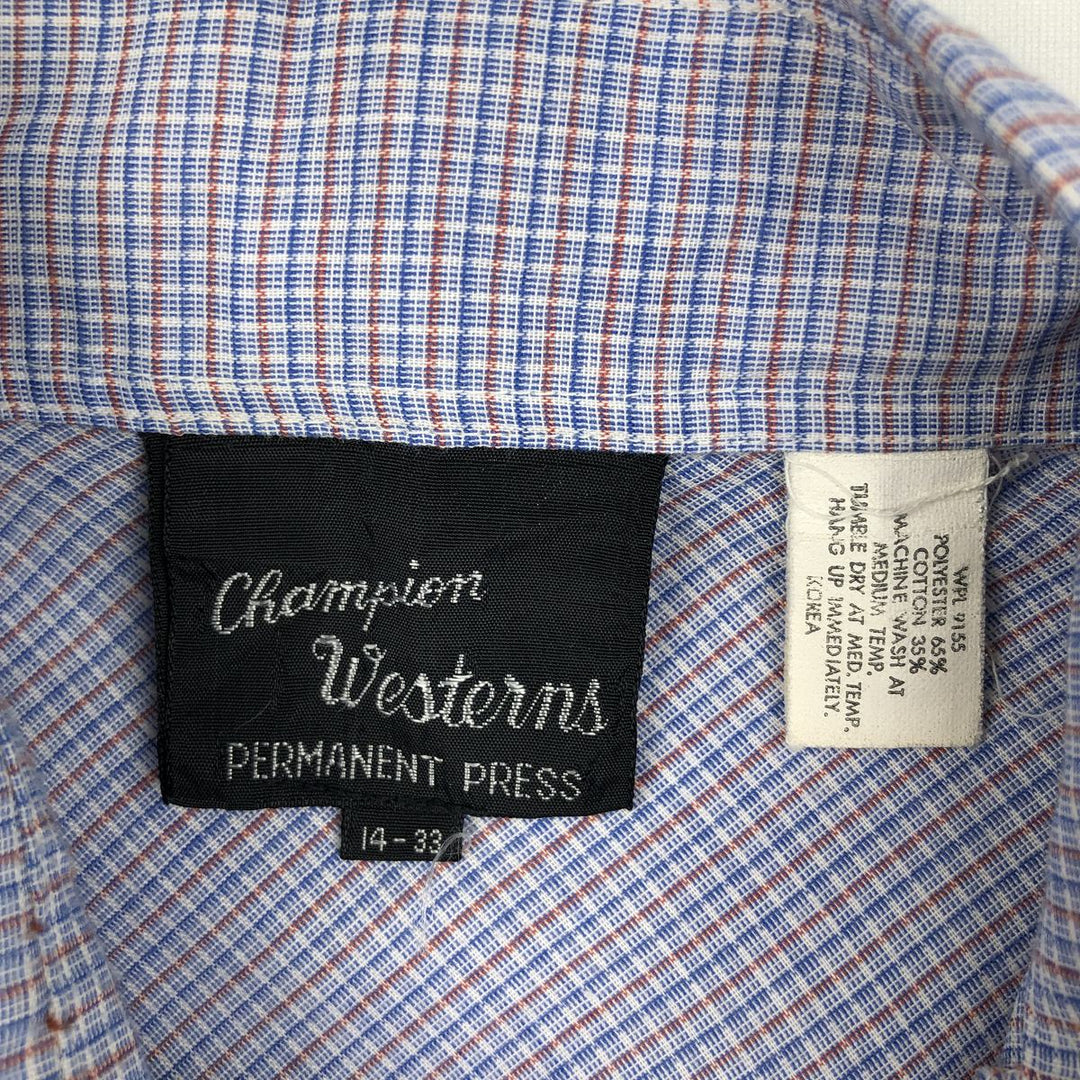1970'S Champion Westerns Check Pattern Long-Sleeve Western Shirt, Women's Size S (Equivalent), Vintage polyester blue type Vintage Second Hand