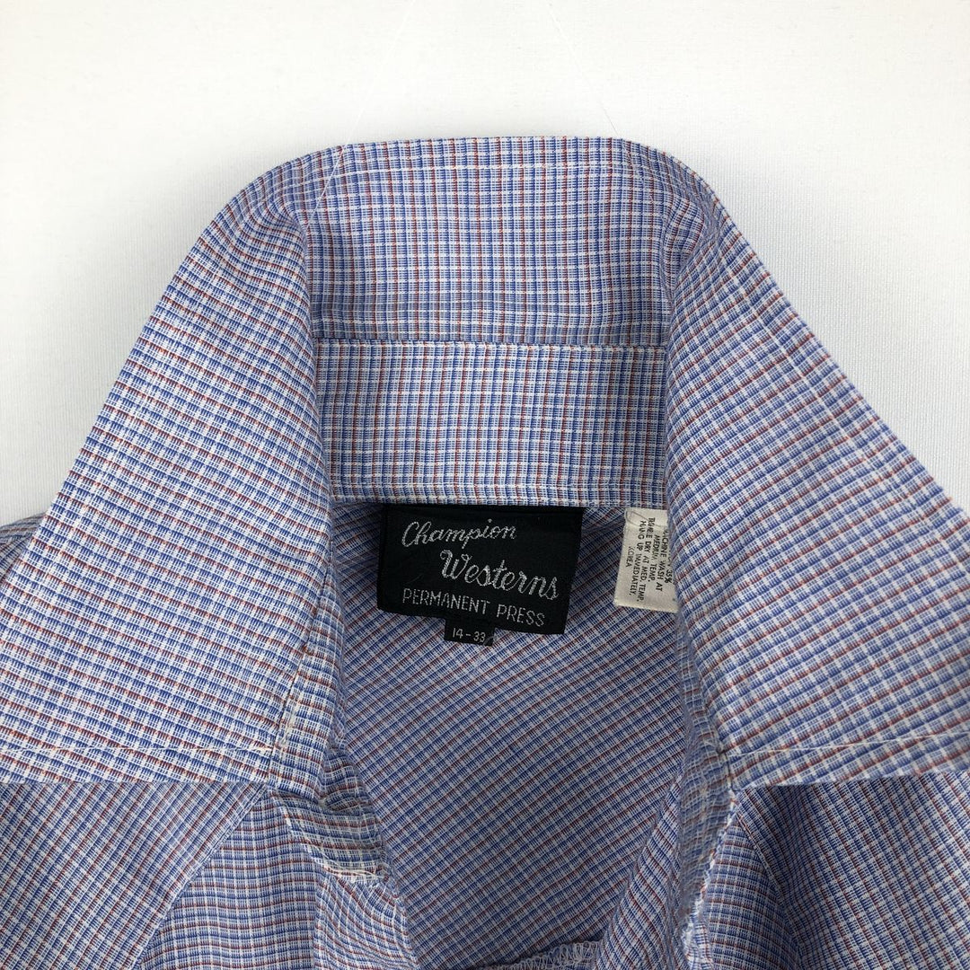 1970'S Champion Westerns Check Pattern Long-Sleeve Western Shirt, Women's Size S (Equivalent), Vintage polyester blue type Vintage Second Hand