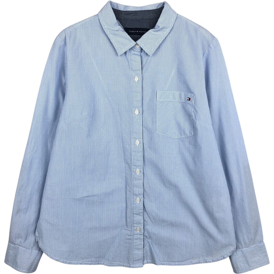 Tommy Hilfiger long-sleeved cotton striped shirt, women's size M (approx.) cotton Blue type light blue Vintage Second Hand