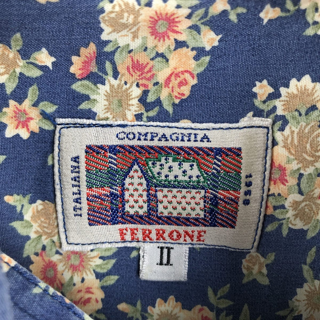 FERRONE All-over Floral Print Long-Sleeve Button-Down Shirt, Women's Size M (approx.) unclear blue type Vintage Second Hand
