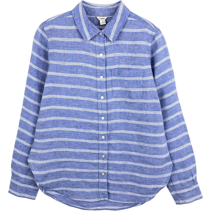 LLBean striped pattern long-sleeved linen shirt, women's size XS (approx.) linen blue type Vintage Second Hand
