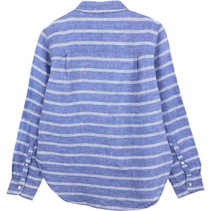 LLBean striped pattern long-sleeved linen shirt, women's size XS (approx.) linen blue type Vintage Second Hand