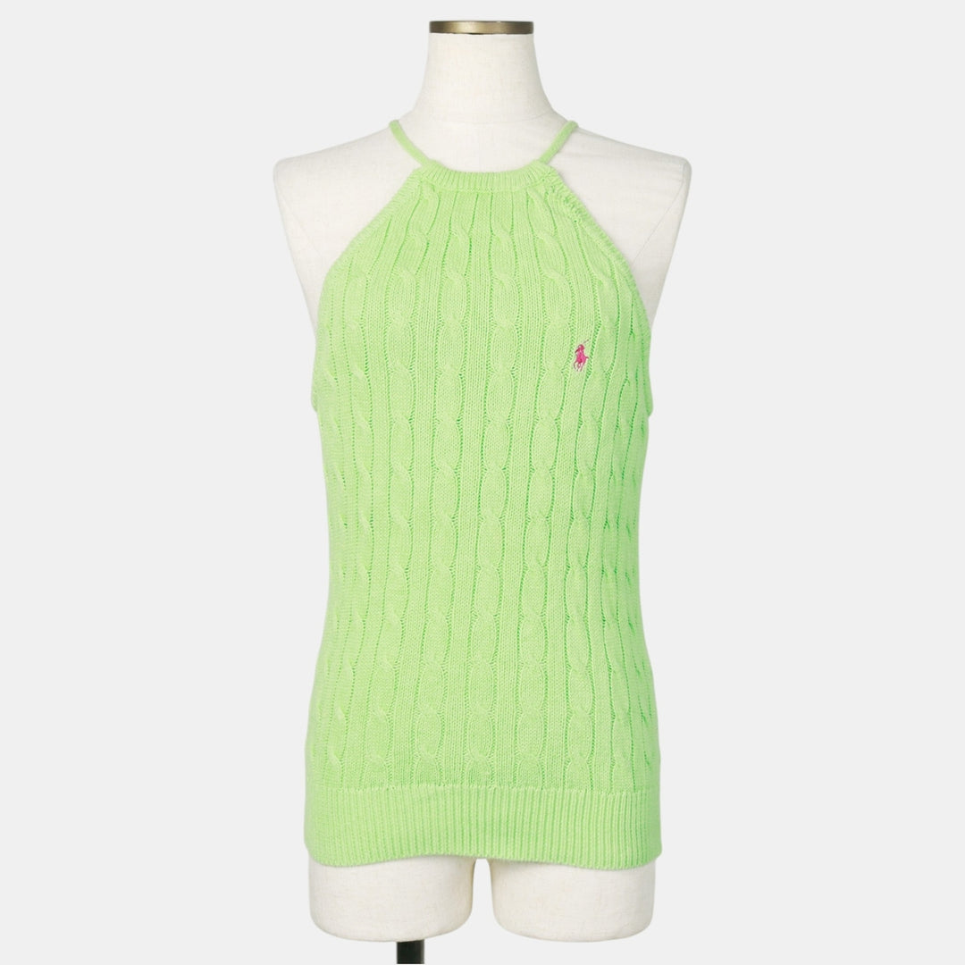 Ralph Lauren halter neck cropped cable knit cotton vest, women's size S (approx.) cotton green type yellow green Vintage Second Hand