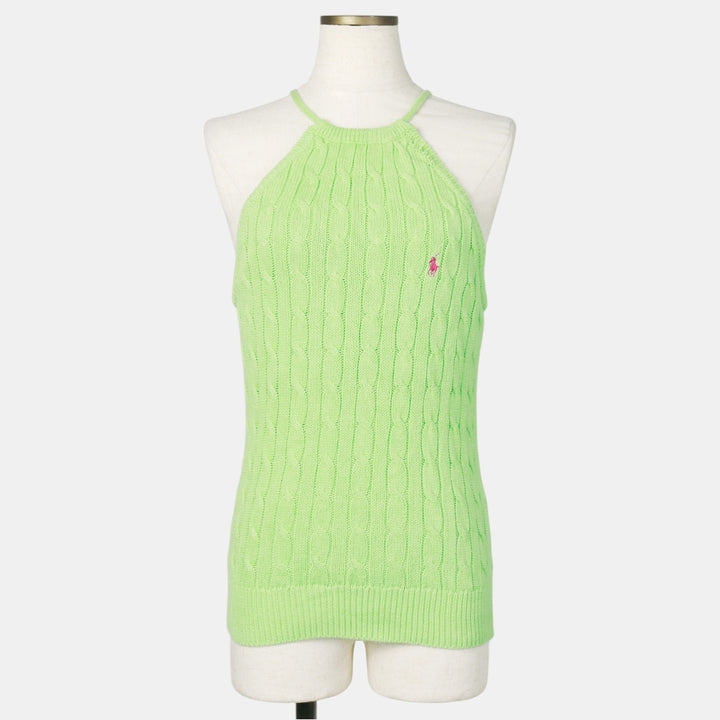 Ralph Lauren halter neck cropped cable knit cotton vest, women's size S (approx.) cotton green type yellow green Vintage Second Hand