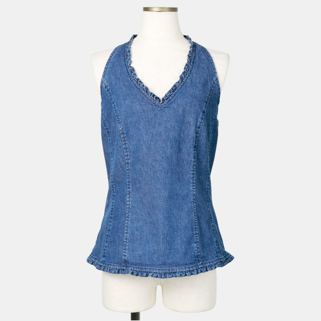HAROLD'S Denim Frill Halter Neck Top (Women's Size L) cotton blue type Vintage Second Hand