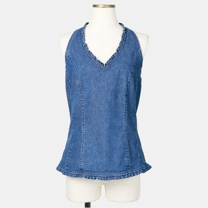 HAROLD'S Denim Frill Halter Neck Top (Women's Size L) cotton blue type Vintage Second Hand