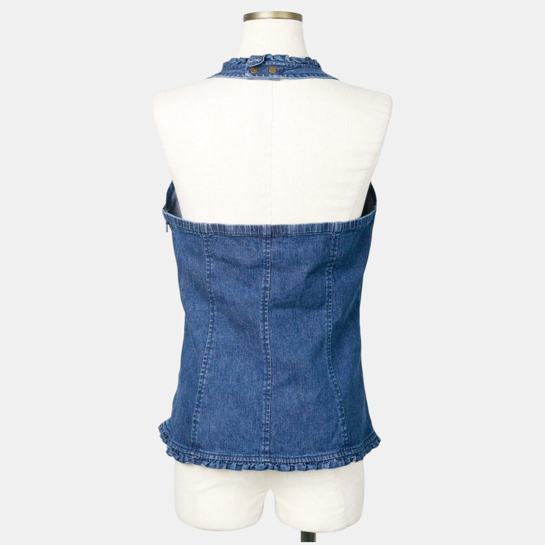 HAROLD'S Denim Frill Halter Neck Top (Women's Size L) cotton blue type Vintage Second Hand