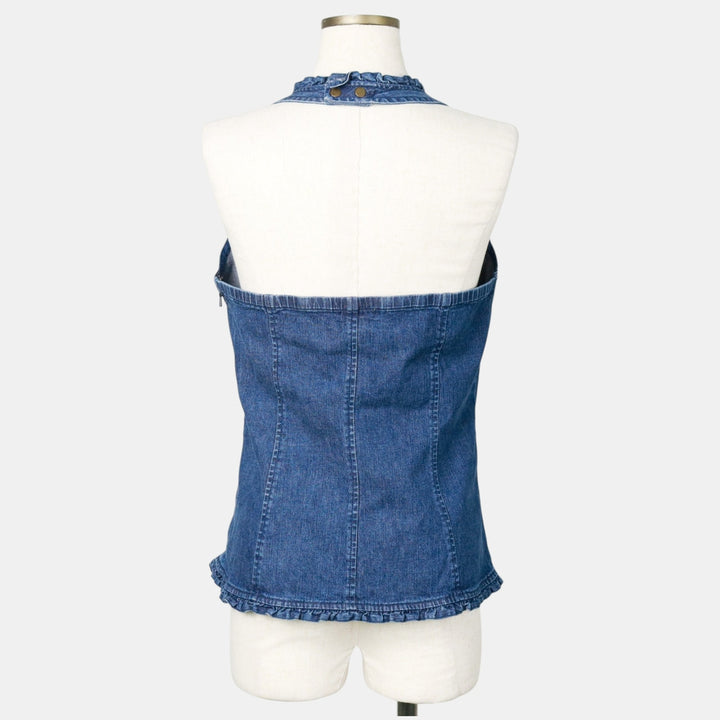 HAROLD'S Denim Frill Halter Neck Top (Women's Size L) cotton blue type Vintage Second Hand