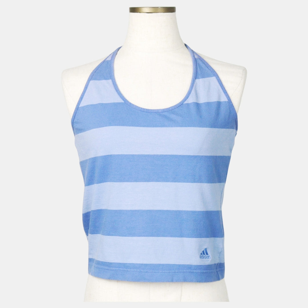 2000'S Adidas striped pattern cropped halter neck top, women's size XL equivalent. cotton blue type Vintage Second Hand
