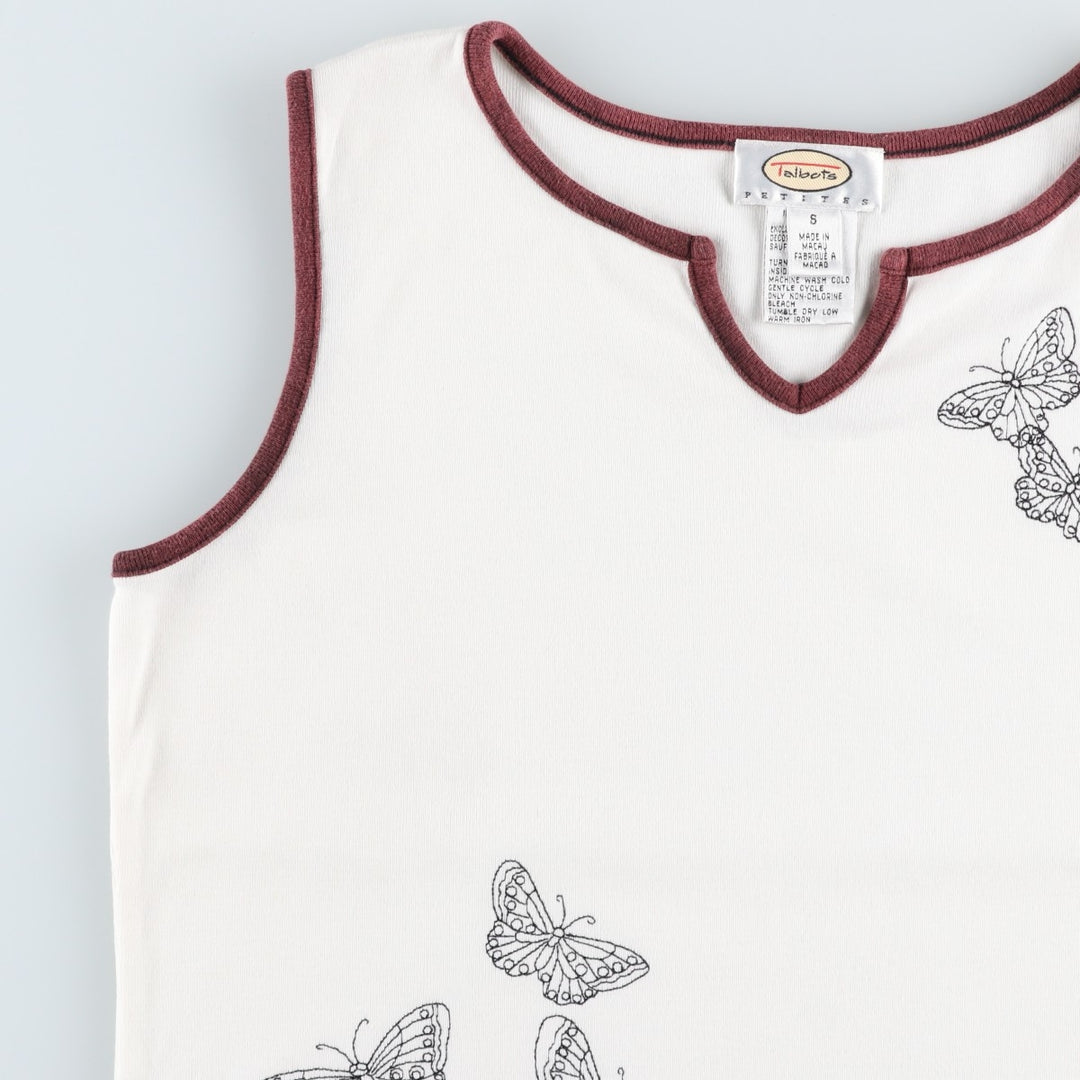 Talbots PETITES Slit Neck Butterfly Pattern Tank Top (Women's Size S) cotton white type Vintage Second Hand