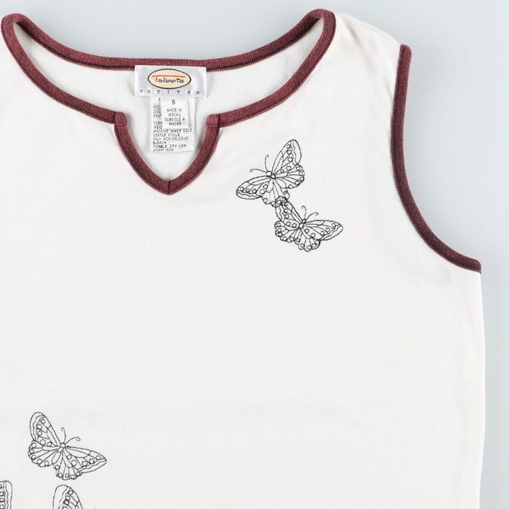 Talbots PETITES Slit Neck Butterfly Pattern Tank Top (Women's Size S) cotton white type Vintage Second Hand