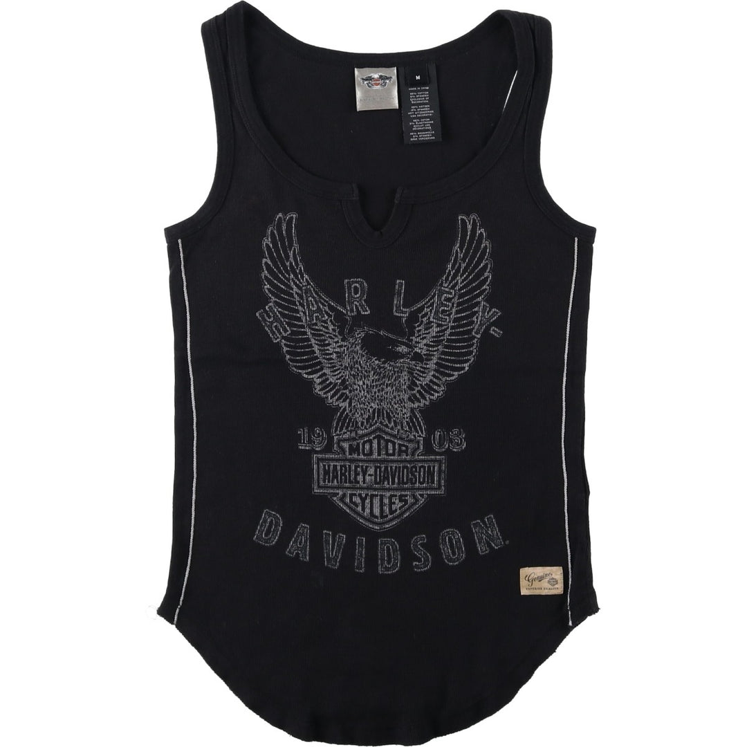 Harley-Davidson Eagle Pattern Slit Neck Motorcycle Tank Top (Women's Size M) cotton black type Vintage Second Hand