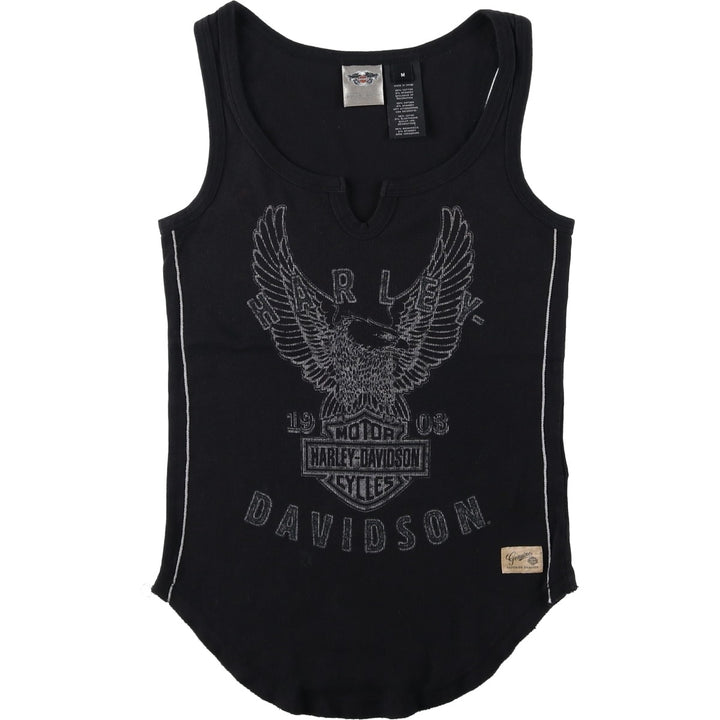 Harley-Davidson Eagle Pattern Slit Neck Motorcycle Tank Top (Women's Size M) cotton black type Vintage Second Hand