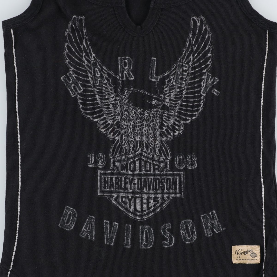 Harley-Davidson Eagle Pattern Slit Neck Motorcycle Tank Top (Women's Size M) cotton black type Vintage Second Hand