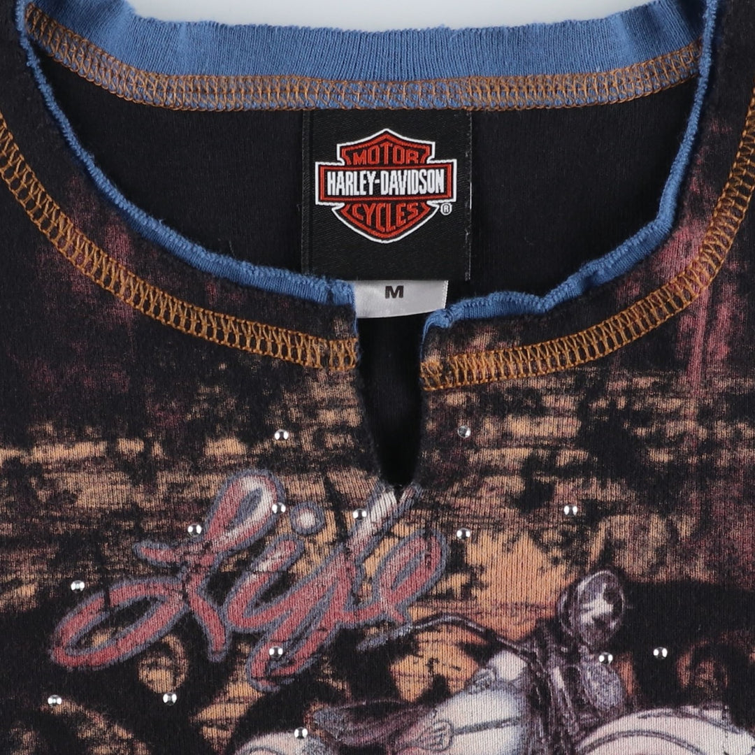 2000'S Harley-Davidson Slit Neck Rhinestone Motorcycle Tank Top, Women's Size M (approx.) cotton black type Vintage Second Hand