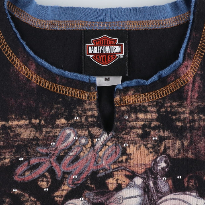 2000'S Harley-Davidson Slit Neck Rhinestone Motorcycle Tank Top, Women's Size M (approx.) cotton black type Vintage Second Hand