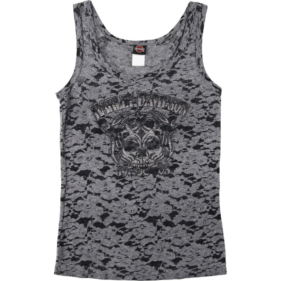 Harley-Davidson all-over print rhinestone motorcycle tank top, made in the USA, women's size S equivalent. polyester gray type Vintage Second Hand