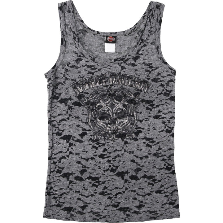 Harley-Davidson all-over print rhinestone motorcycle tank top, made in the USA, women's size S equivalent. polyester gray type Vintage Second Hand
