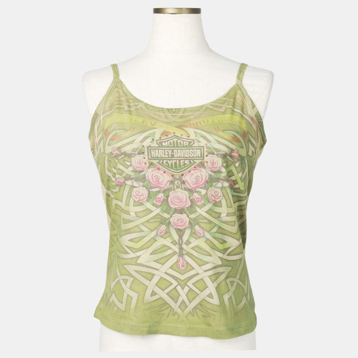 Harley-Davidson cropped camisole with large print and rhinestones, women's size M equivalent. polyester Khaki type Vintage Second Hand