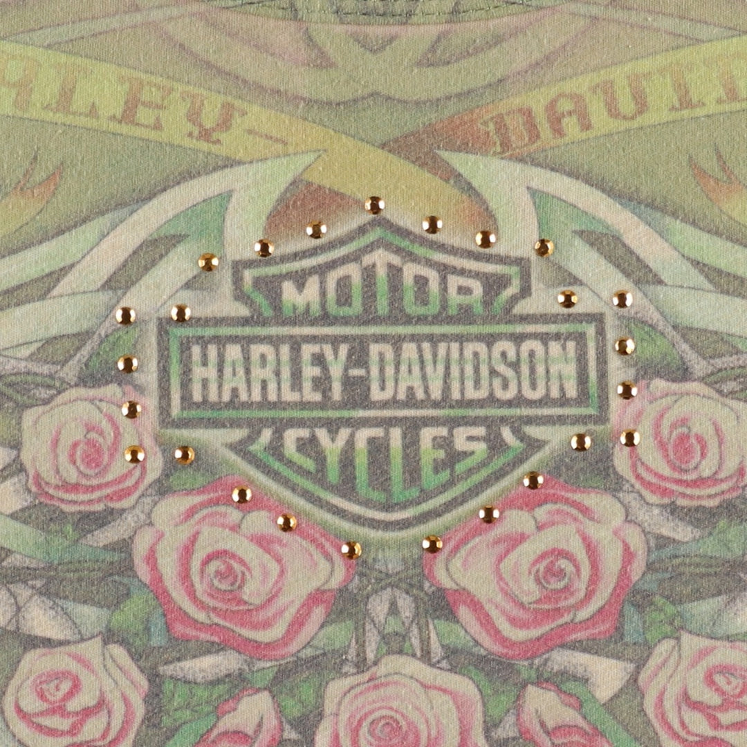 Harley-Davidson cropped camisole with large print and rhinestones, women's size M equivalent. polyester Khaki type Vintage Second Hand