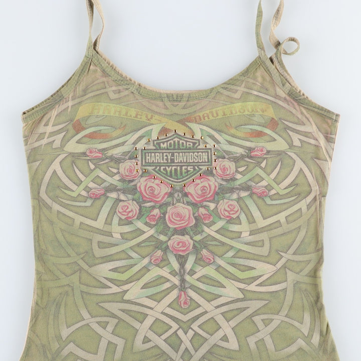 Harley-Davidson cropped camisole with large print and rhinestones, women's size M equivalent. polyester Khaki type Vintage Second Hand