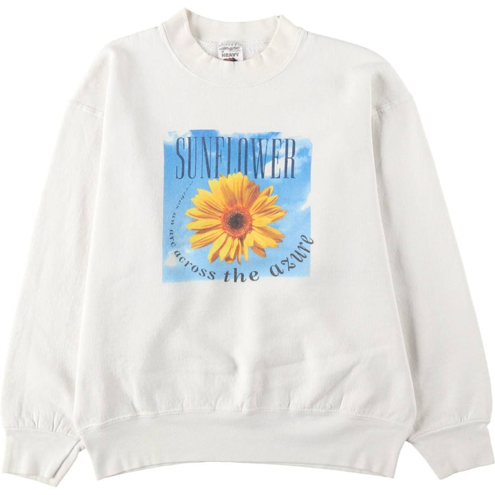 90'S Fruit of the Loom Floral Sunflower Pattern Sweatshirt, Made in USA, Men's Size M (approx.), Vintage cotton white type Vintage Second Hand