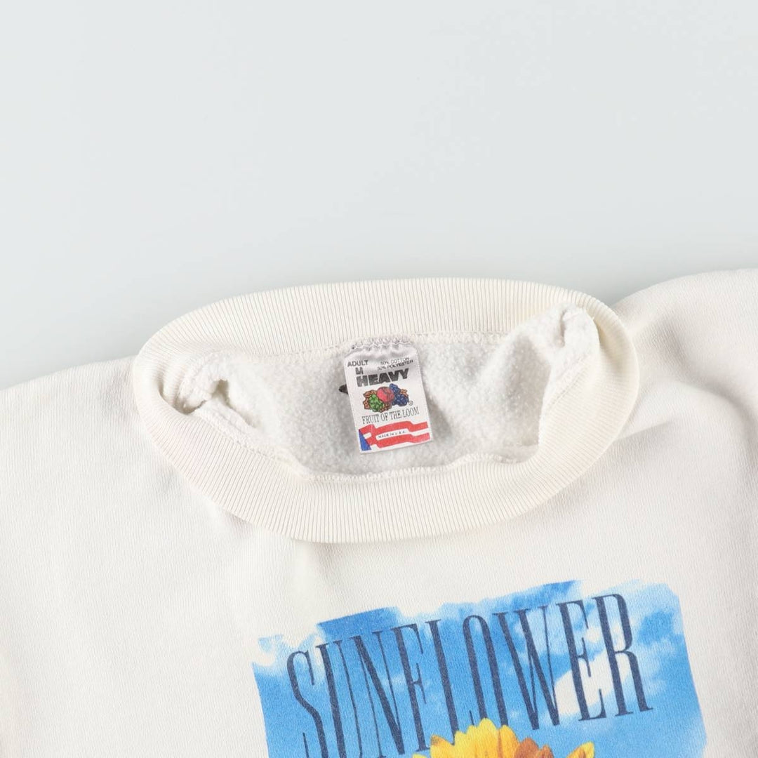 90'S Fruit of the Loom Floral Sunflower Pattern Sweatshirt, Made in USA, Men's Size M (approx.), Vintage cotton white type Vintage Second Hand