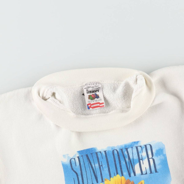 90'S Fruit of the Loom Floral Sunflower Pattern Sweatshirt, Made in USA, Men's Size M (approx.), Vintage cotton white type Vintage Second Hand